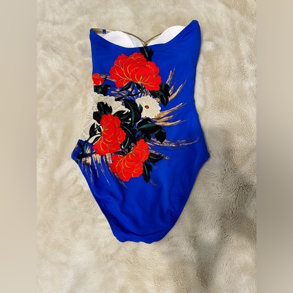 Gottex Royal Blue One-Piece Swimsuit with Red Floral Print